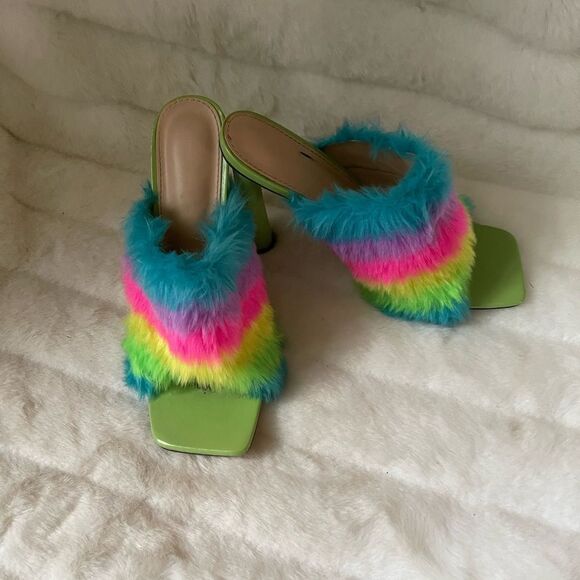Green with multi color furry slip on heels sandals square toe EUR size 42 - Picture 5 of 9